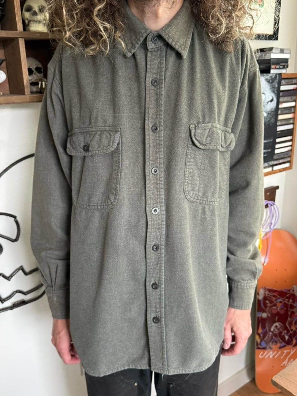 Vintage 2000s Olive Green Chamois Button Down Work Shirt ~ 2XL